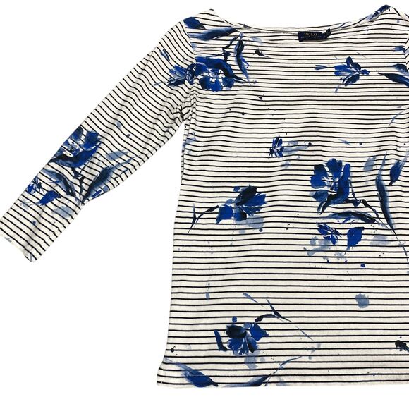 Polo Ralph Lauren Top Women's Medium White Blue Flowers and Stripes 3 /4 Sleeves - Picture 15 of 16